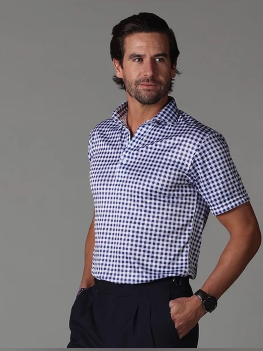 Collars & Co Semi Spread Collar Polo in Navy Gingham Check Golf Shirt Large NEW